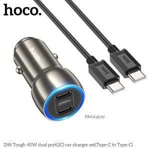 Hoco Z48 40W Dual Port USB-C Metal Car Charger With USB-C Cable - Gray