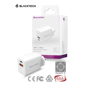 BLACKTECH BC03 USB-C USB-A 30W PD QC3.0 Adapter With Smart IC - White