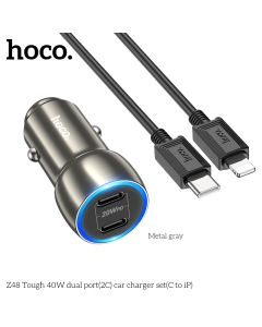 Hoco Z48 40W Dual Port USB-C Metal Car Charger With Lightning Cable - Gray