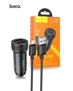 Hoco Z49 Dual USB-A Car Charger With Lightning Cable - Black